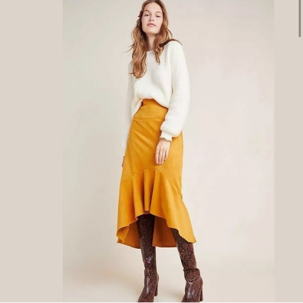 ANTHROPOLOGIE Maeve Cosima High Low Suede Midi Skirt size 2, Mustard Yellow Gold